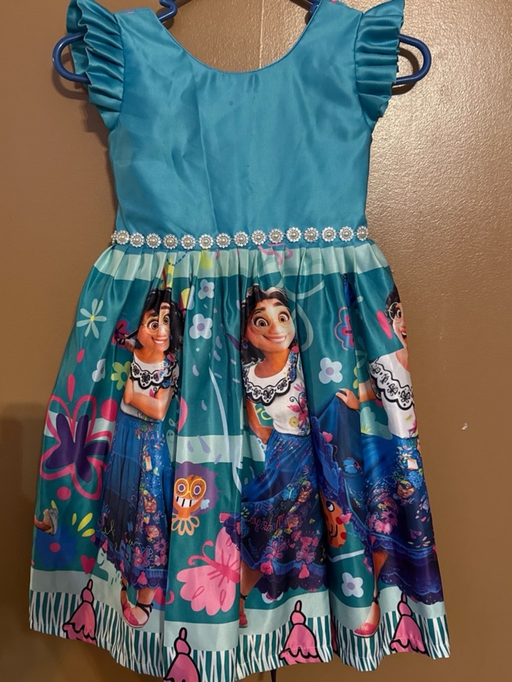 Girls Teal Character Print Ruffle Sleeve Dress with Jeweled Waist